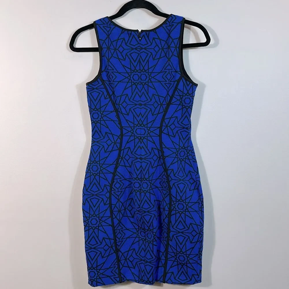 Lotus Threads New York Blue Black Geometric Stretch Bodycon Mini Dress Small